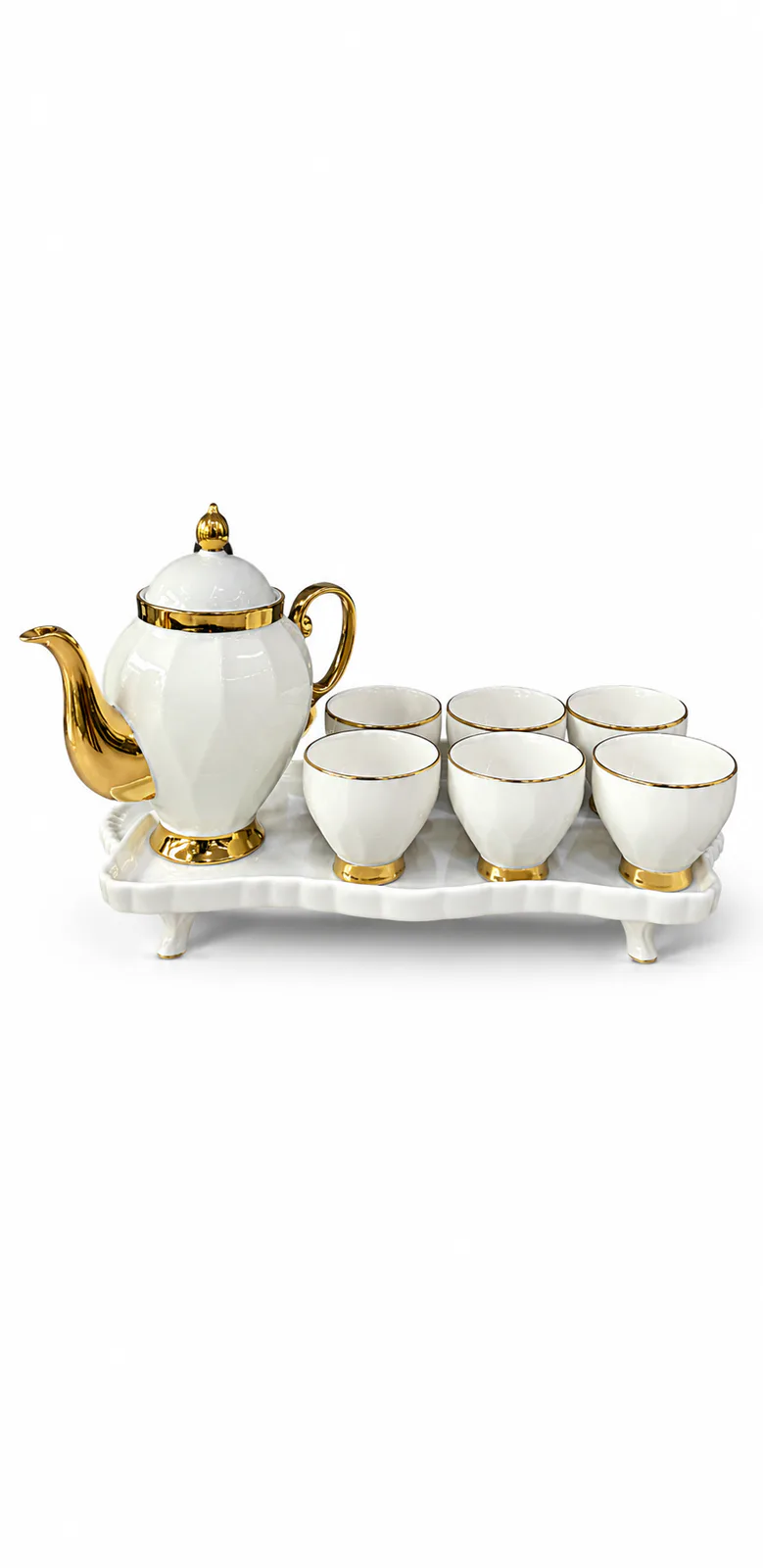 Luxury White & Gold Ceramic Tea Set with 6 Cups & Serving Tray — White & Green