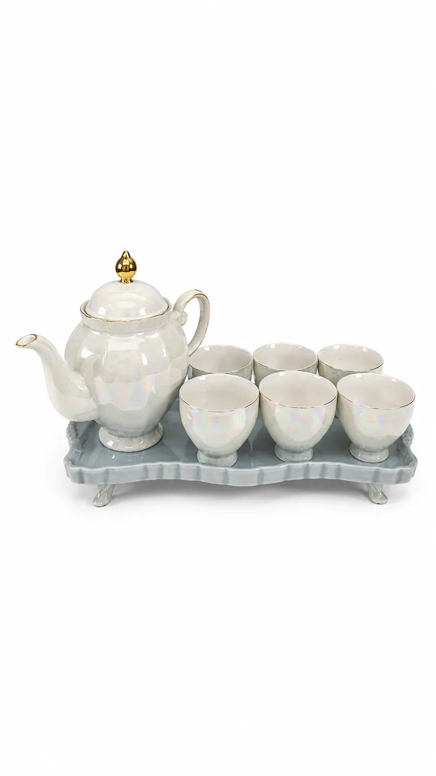 Pearlescent Elegance 7-Piece Ceramic Tea Set with Serving Tray — White & Blue
