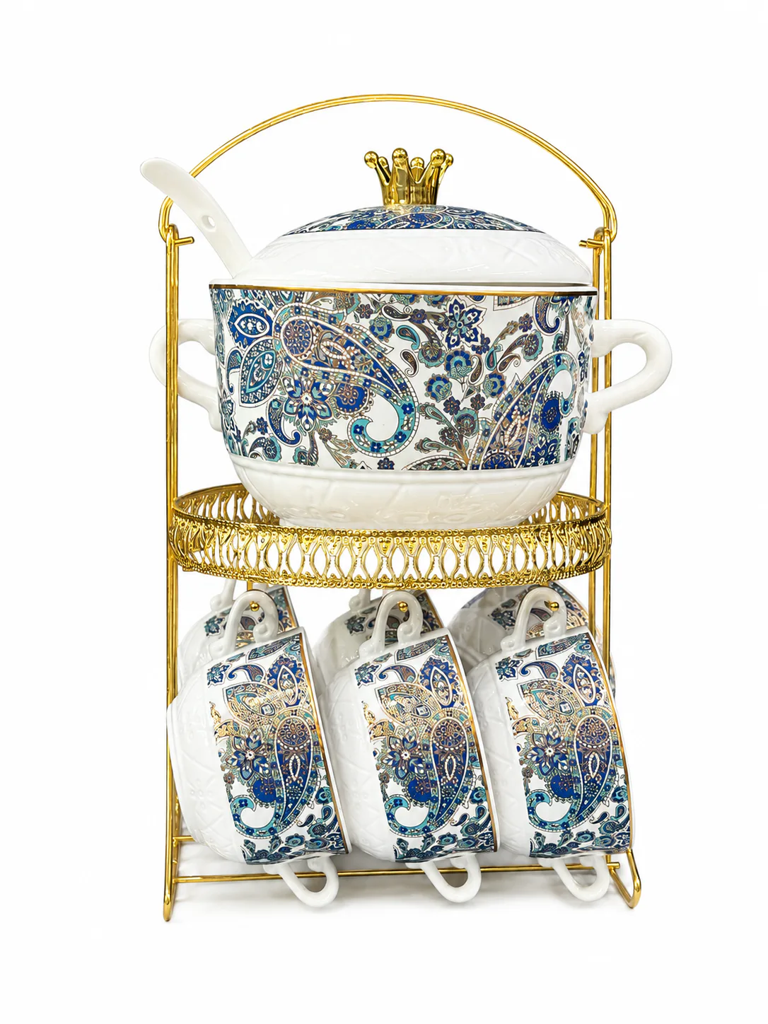 Elegant Ceramic Soup Bowl Set With Decorative Gold Stand_CY-14A — White & Blue