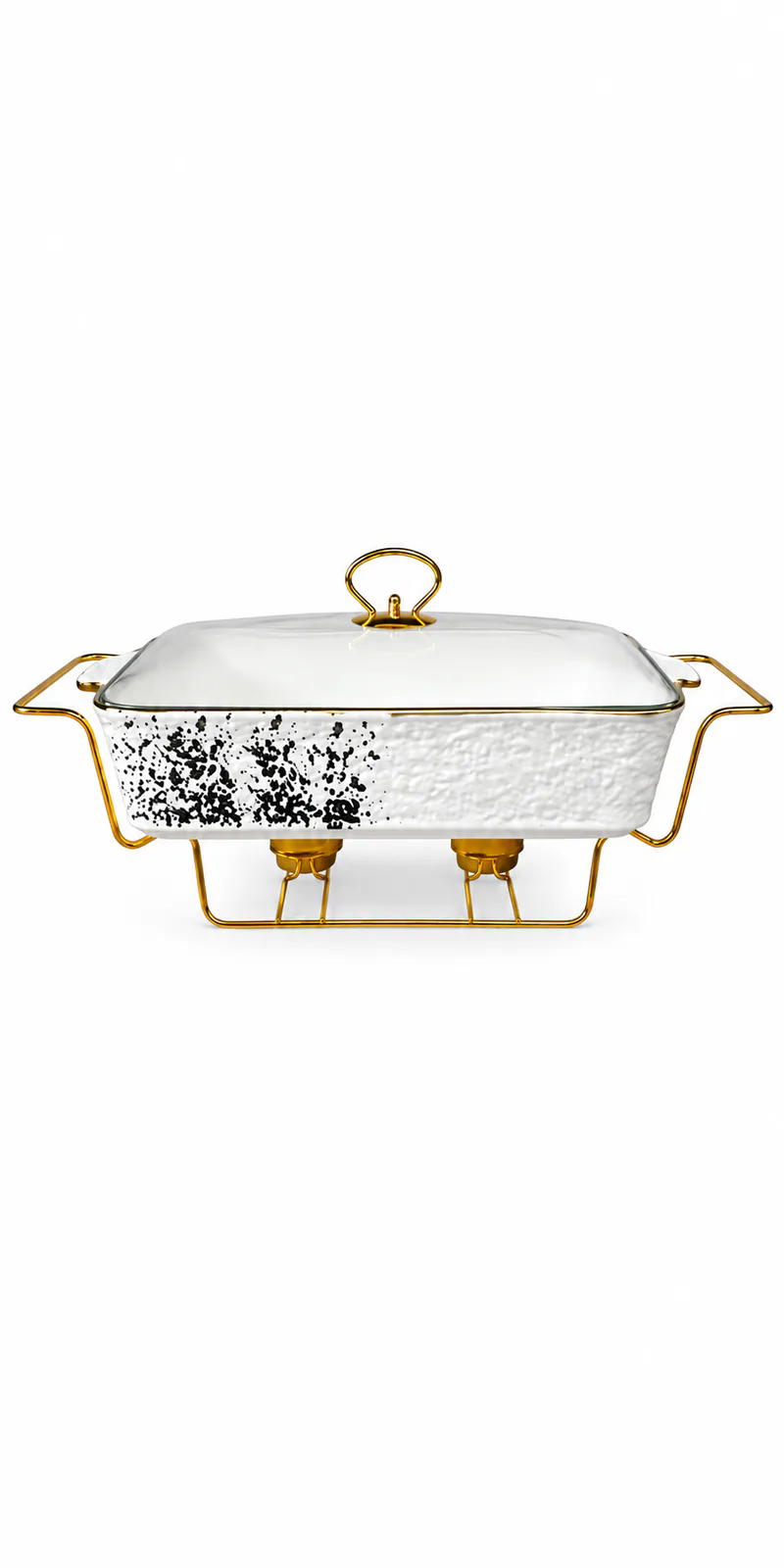 Elegant Rectangular Serving Casserole Dish with Glass Lid & Golden Stand – Premium Serving Hot Pot-SG-432 — White & Black · Medium
