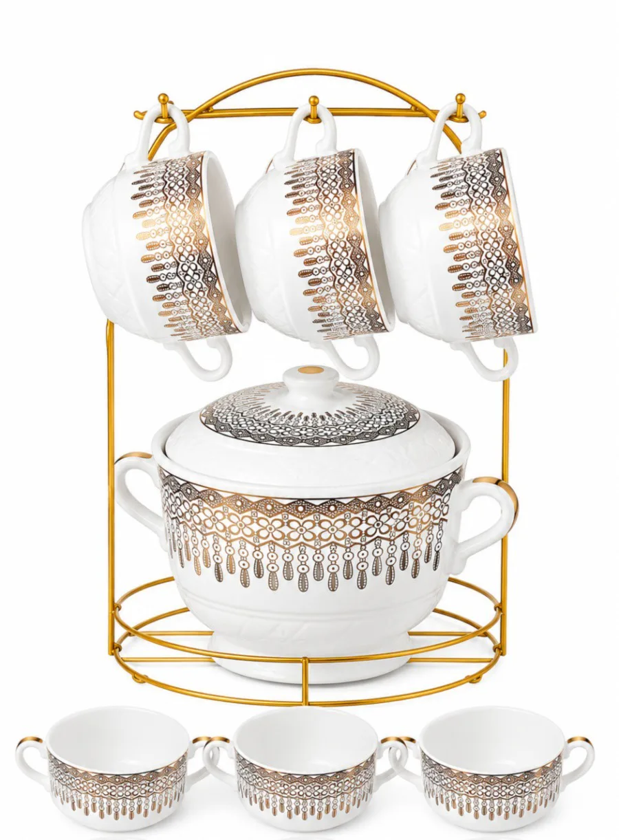 Elegant Ceramic Soup Pot Set With Cups & Stylish Metal Stand_CY-14B — White & Gold