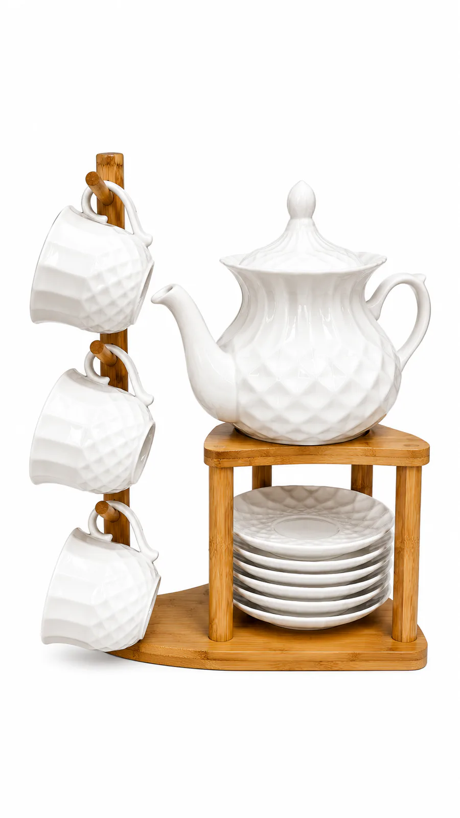 Elegant Ceramic Tea Set with Bamboo Stand | Teapot, Cups & Saucers_16741-72 — White