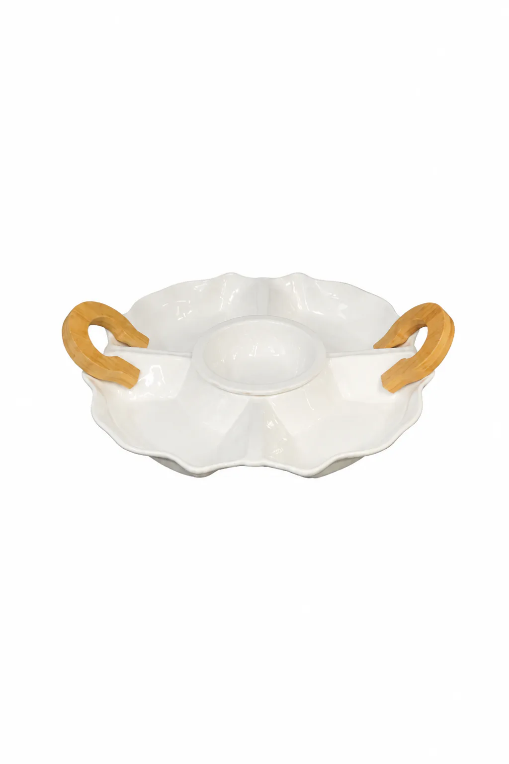5-Section Ceramic Snack Tray with Wooden Handle_16741-96 — White