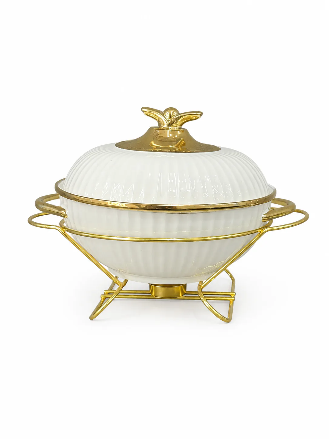 Elegant Ceramic Soup Pot With Golden Stand For Warm, Stylish Serving-ML071-B — White & Gold