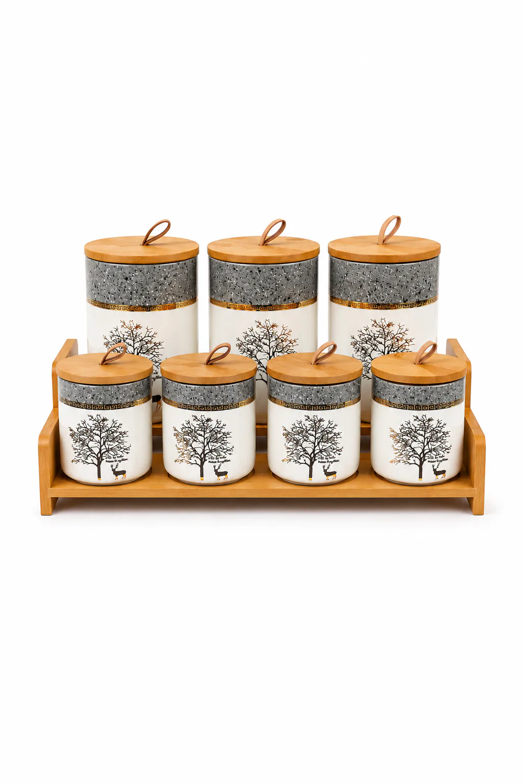 7-Piece Ceramic Canister Set with Bamboo Tray & Airtight Lids — White