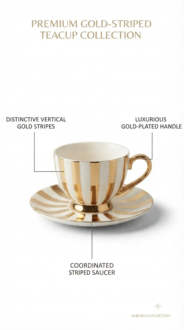 Luxury Gold Striped Ceramic Cup and Saucer Set – 6-Piece Porcelain Tea Set-BL-G6
