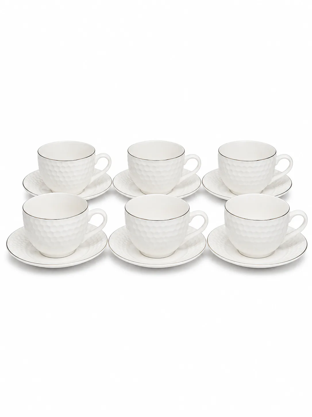 Elegant 6 Pcs Textured Cup And Saucer Set For Stylish Tea Time_XCY-12LA — White & Gold