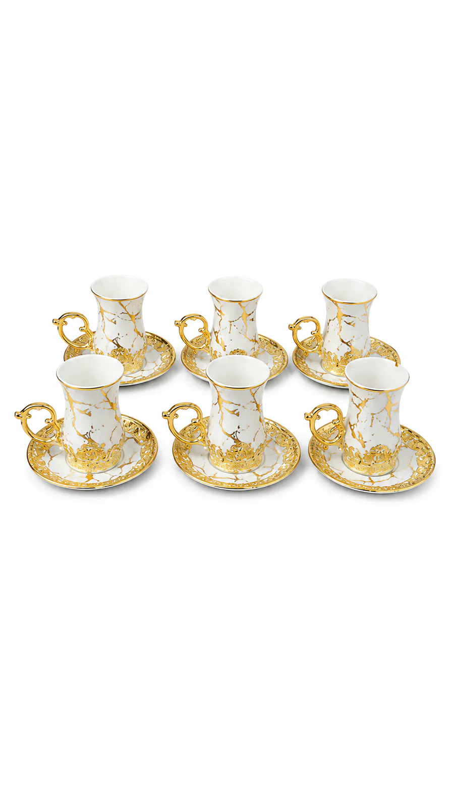 Luxury Marble Design Turkish Tea Cup & Saucer Set | Gold Handle Ceramic Tea Set | 6 Cups with Saucers — White & Gold
