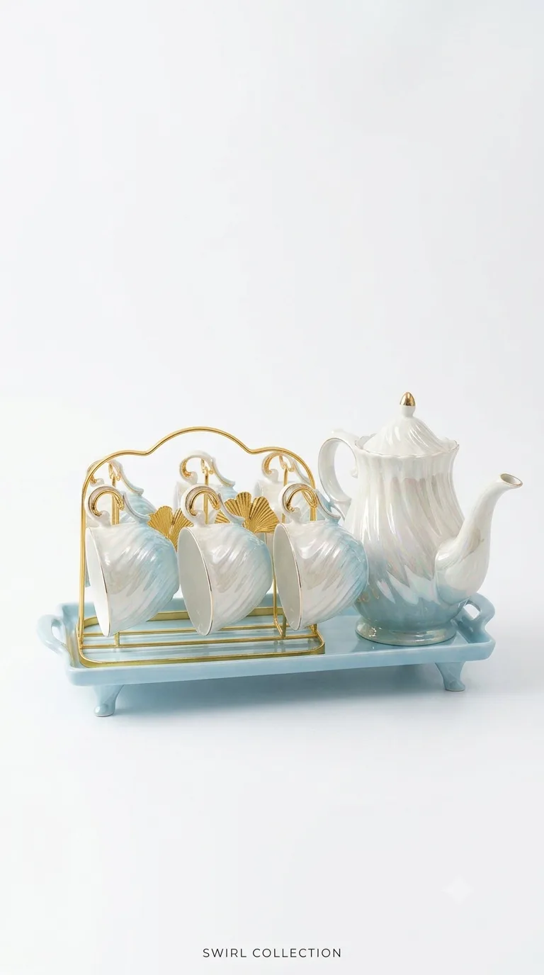 Elegant Porcelain Tea Set – 1 Teapot, 6 Cups & Serving Tray with Stand — White & Blue