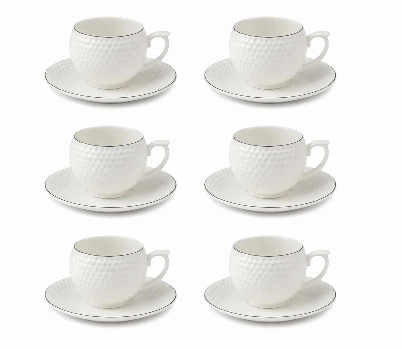 6 Pcs White Textured Cup And Saucer Set For Tea And Coffee_YJD-12LC — White & Gold