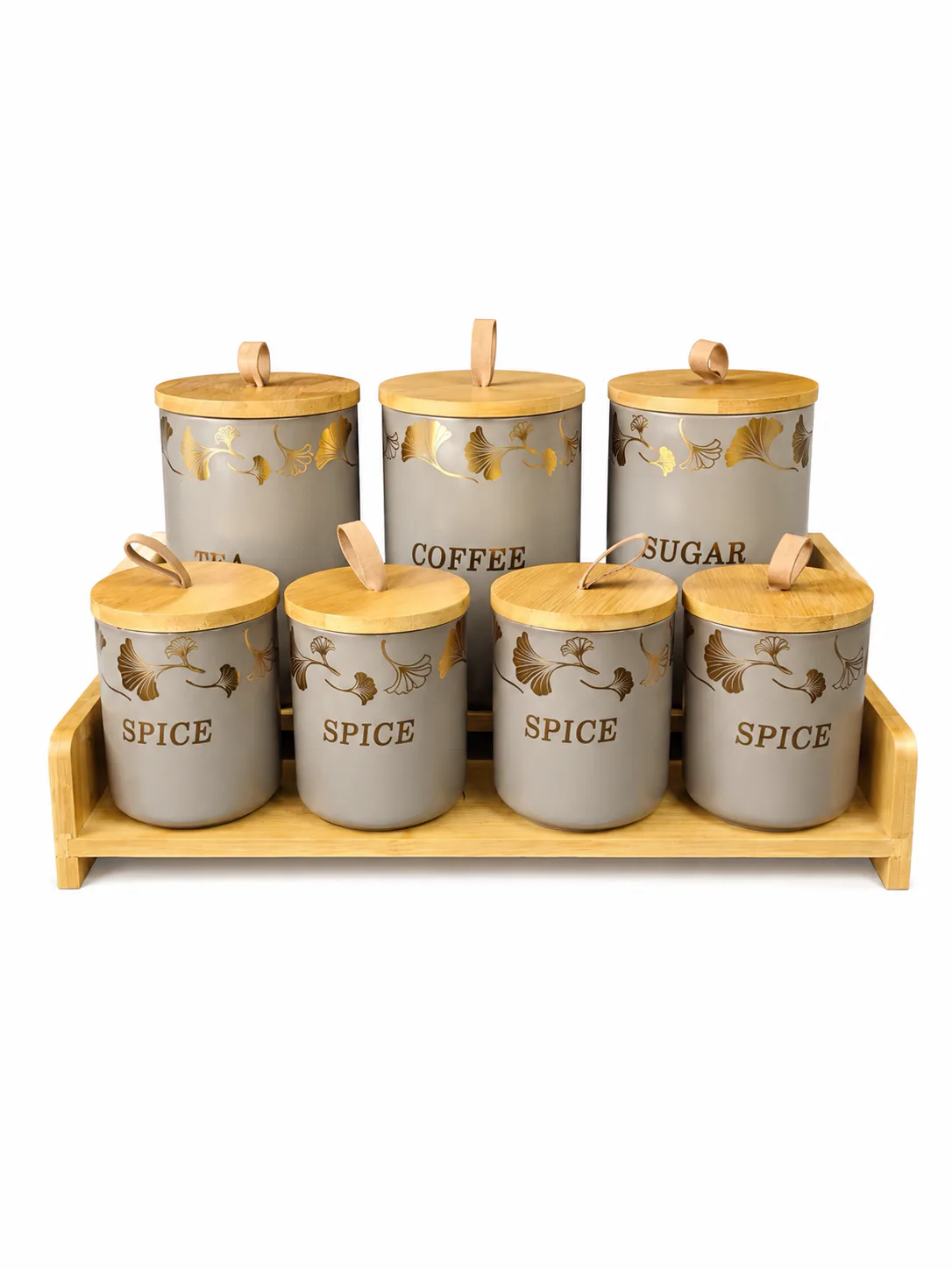 Premium Ceramic 7 pcs Tea Coffee Sugar & Spice Jar Set White_LQ-7KC — Gray