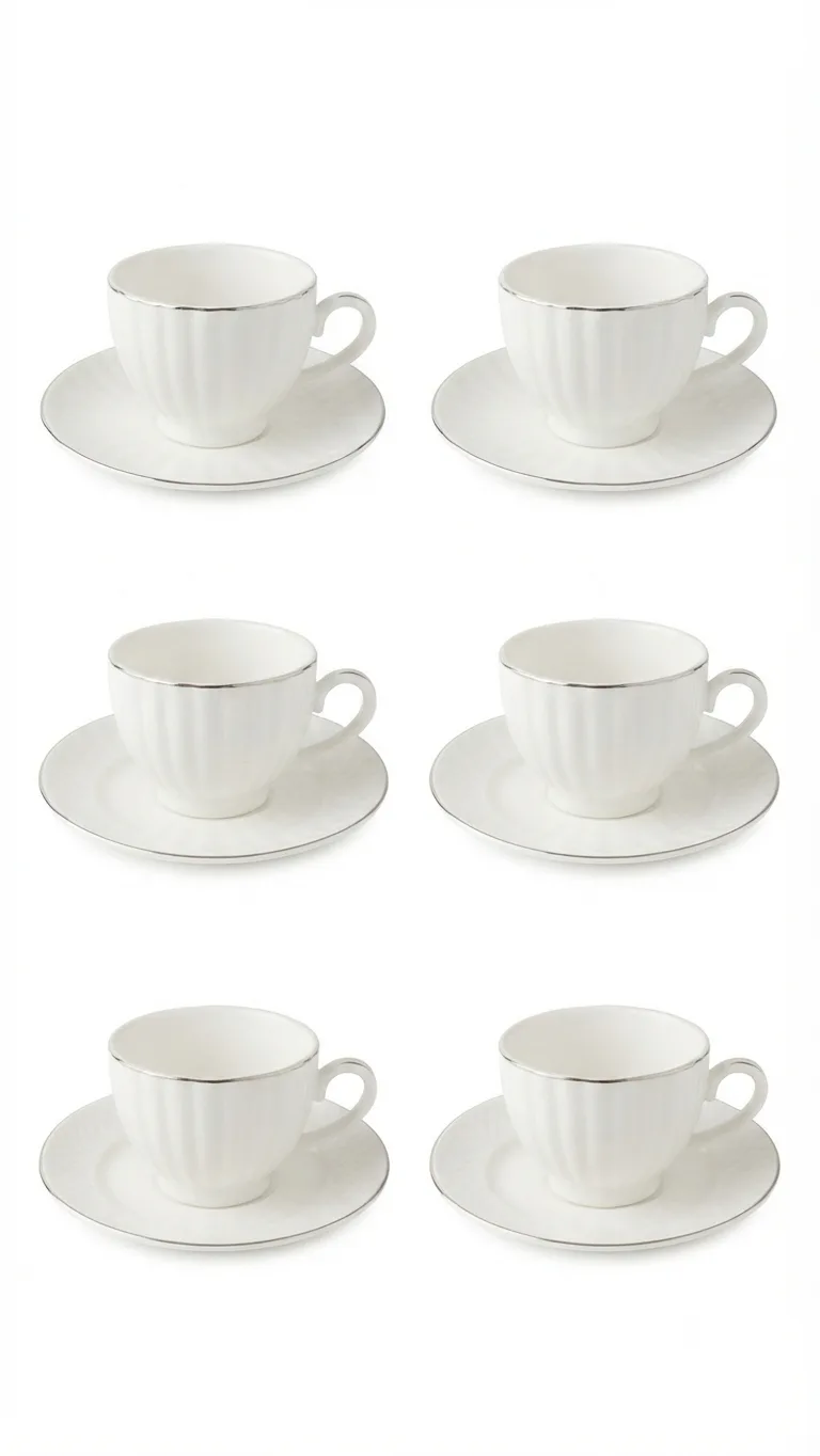 Classic Ivory Tea Cup & Saucer Set � 6 Cups & 6 Saucers, Elegant Premium Tableware Set_PL2444-4L — White&silver