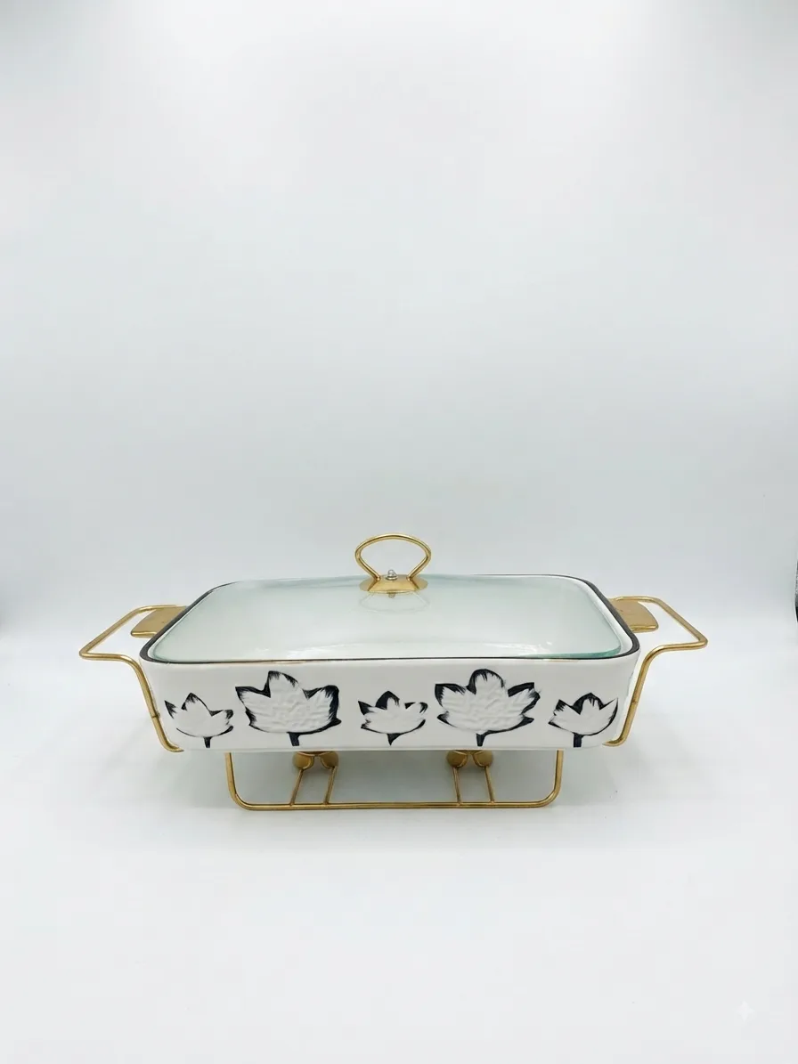 The Royal Maple Ceramic Chafing Server with Gold Stand & Glass Lid_WFY-3 — White&Black · Big · Pack of 1