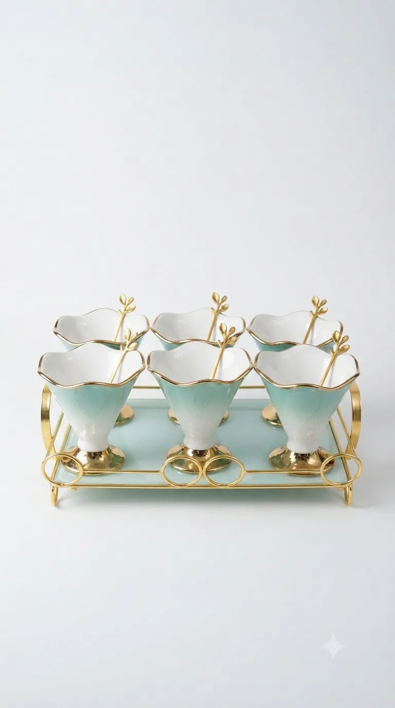 Elegant Ceramic Ice Cream Dessert Serving Bowls Set-16741-131 — White&Green