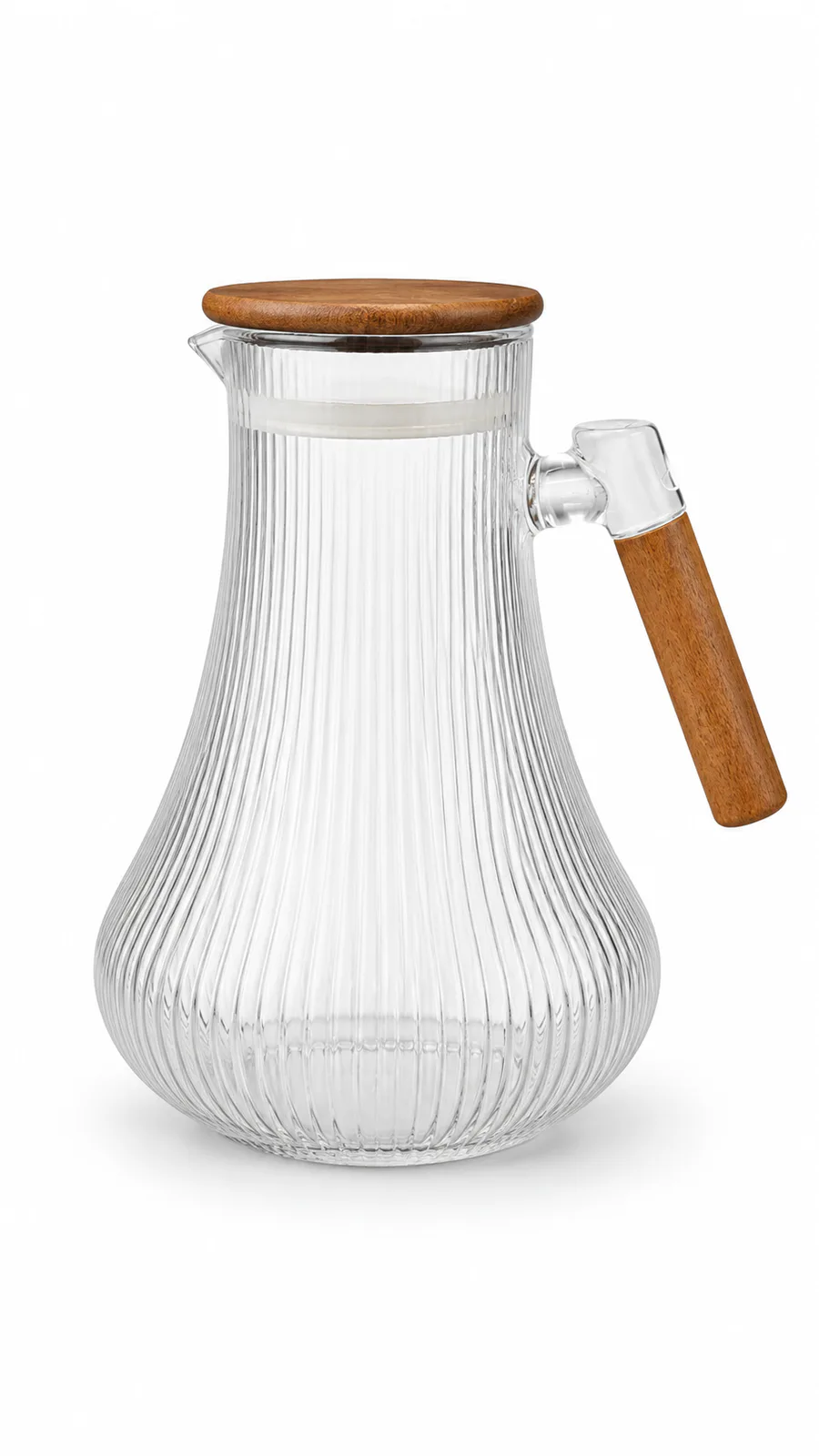 Ribbed Glass Water Jug With Wooden Lid & Handle_423-3 — Transperent