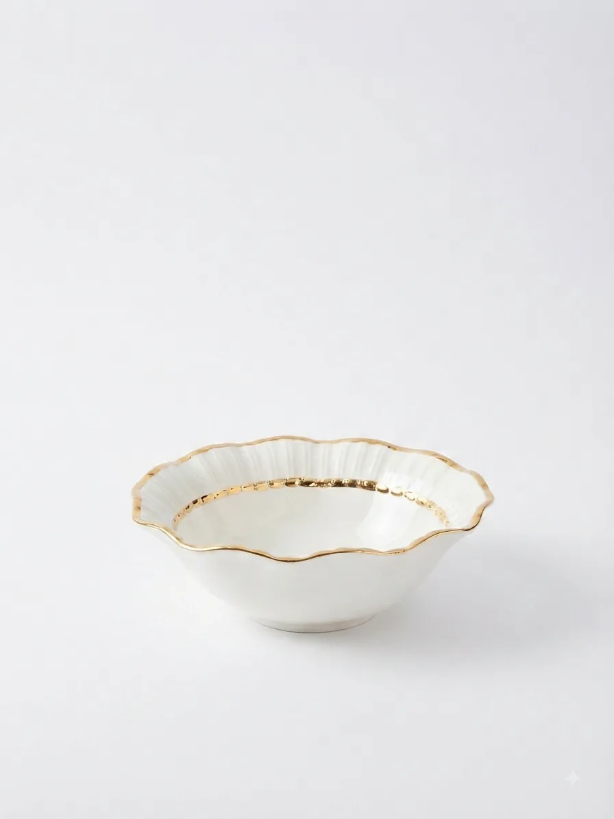 Regal Gold-Rimmed Fluted Porcelain Bowl (Big)
_DLTS-135 — White&gGold