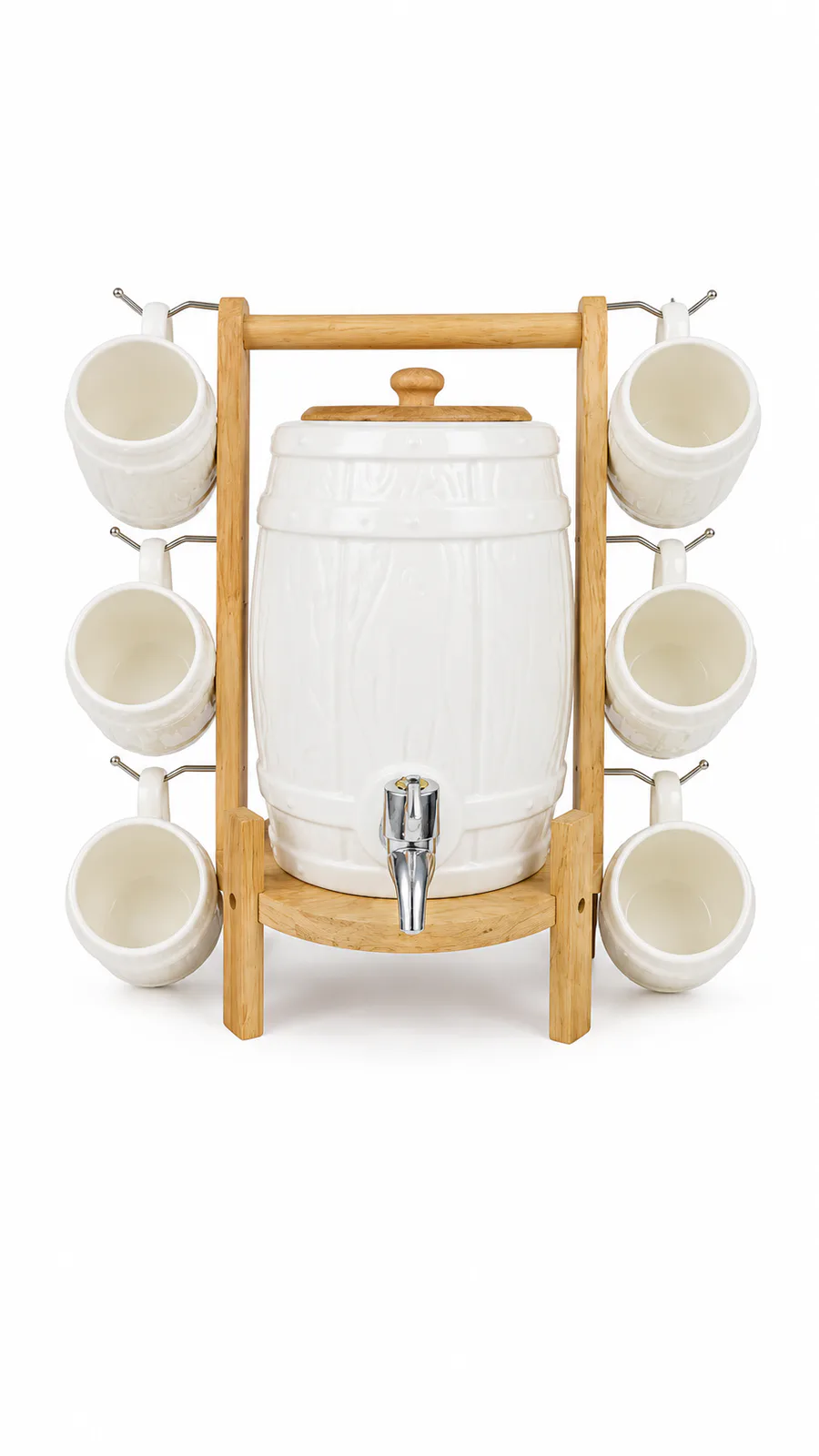 Elegant Ceramic Barrel Drink Dispenser with Matching Mugs on Wooden Stand_16741-80 — White