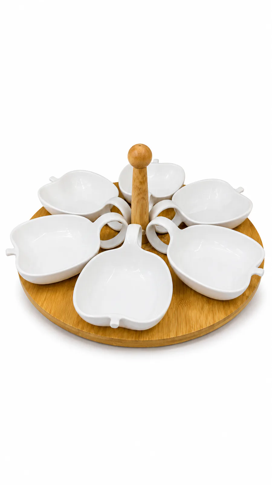 Ceramic Apple-Shaped Snack & Dip Serving Set with Wooden Rotating Tray (6 Bowls)_16741-24 — White