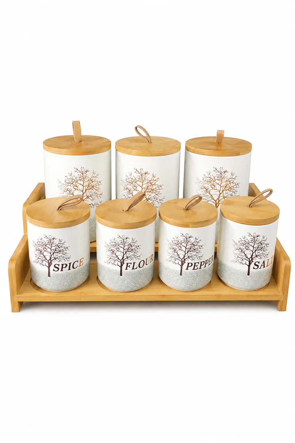 Elegant Ceramic Canister Set with Wooden Stand — White