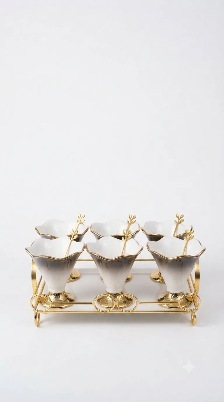 Elegant Ceramic Ice Cream Dessert Serving Bowls Set-16741-130 — White&brown