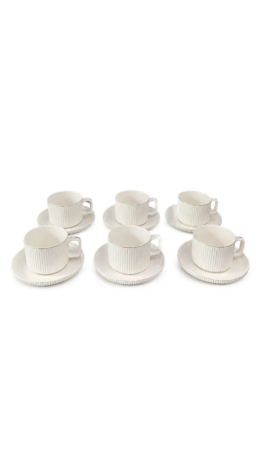 Elegant White Ceramic Tea Cup & Saucer Set | 6 Cups with Saucers | Ribbed Design Premium Tea Set — White