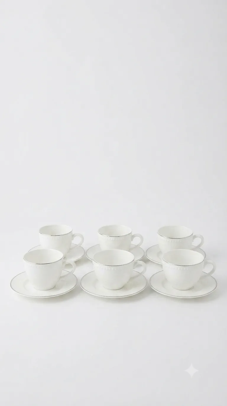 Elegant White Ceramic Tea Cup and Saucer Set | 6-Piece Cup Set with Delicate Beaded Rim and Matching Saucers_XCY-12LB — White