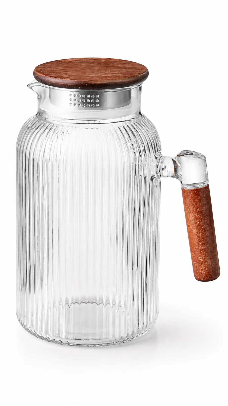 Elegant Ribbed Glass Water Jug With Wooden Lid & Handle_423-1 — Transperent