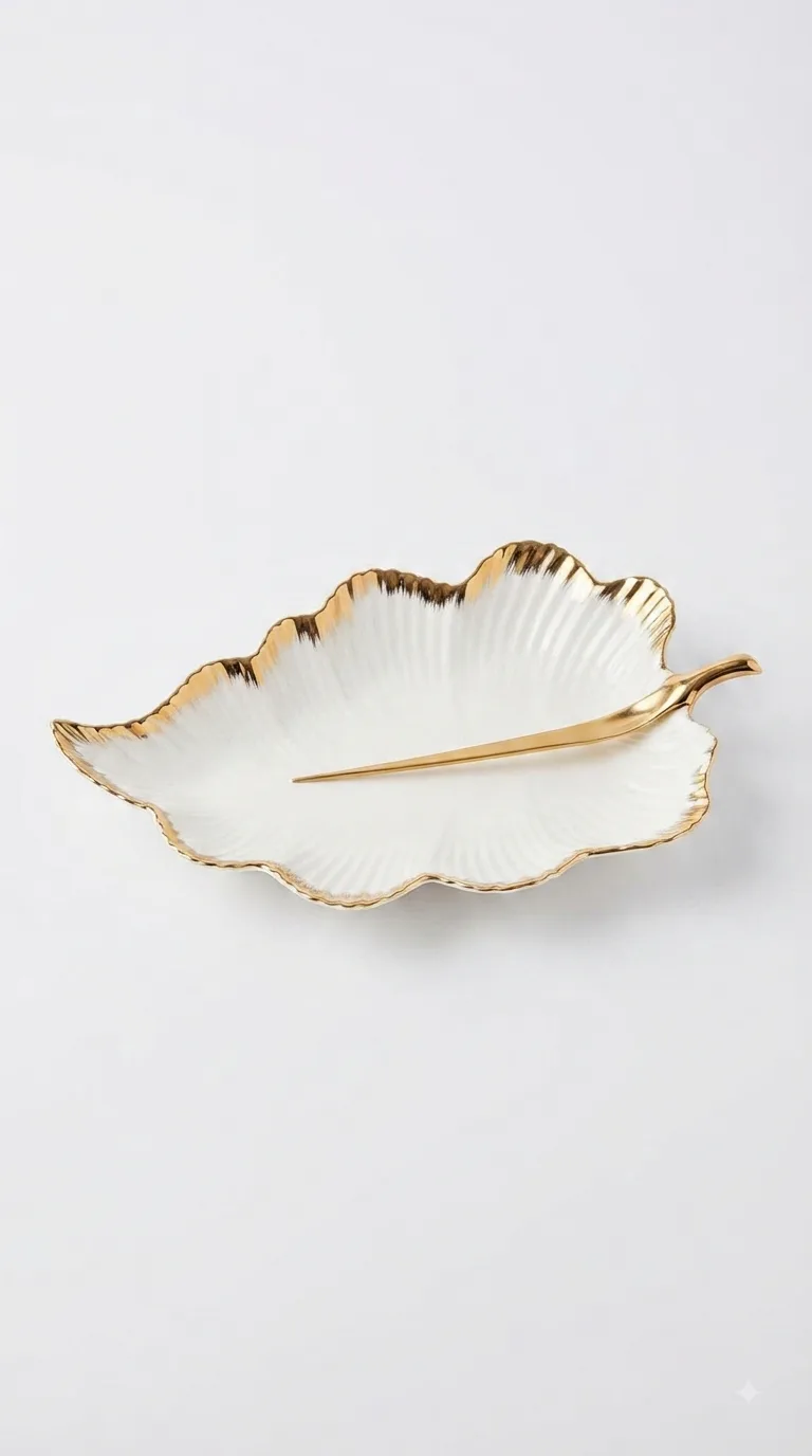 Royal Leaf Ceramic Serving Bowl with Golden Edge | Elegant Decorative Snack & Dry Fruit Bowl | Big Size_HZXF20 — White & Gold