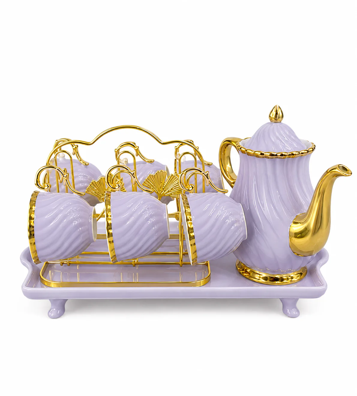 7-Piece Luxury Ceramic Tea & Coffee Set with Gold Rack and Serving Tray — Purple