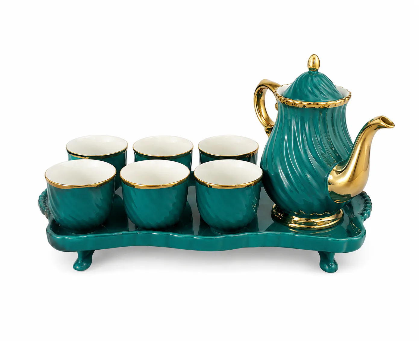 7-Piece Emerald Green Ceramic Tea Set with Gold Trim and Serving Tray — Green