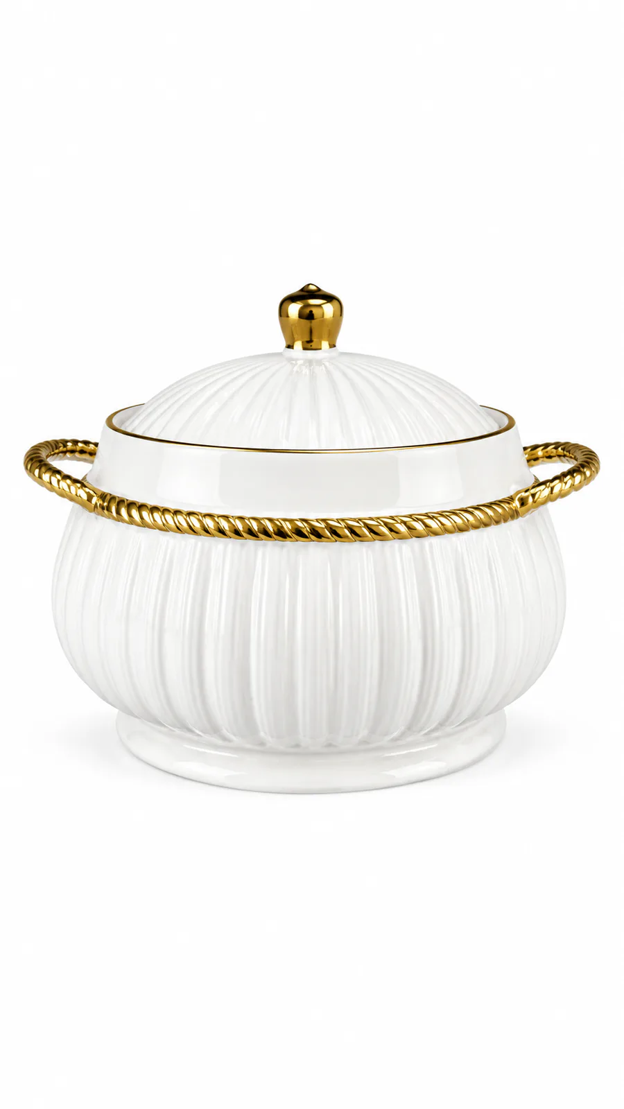 Elegant Fluted Ceramic Soup Tureen with Gold Rope-Twist Handles_LB-SBW-90 — White