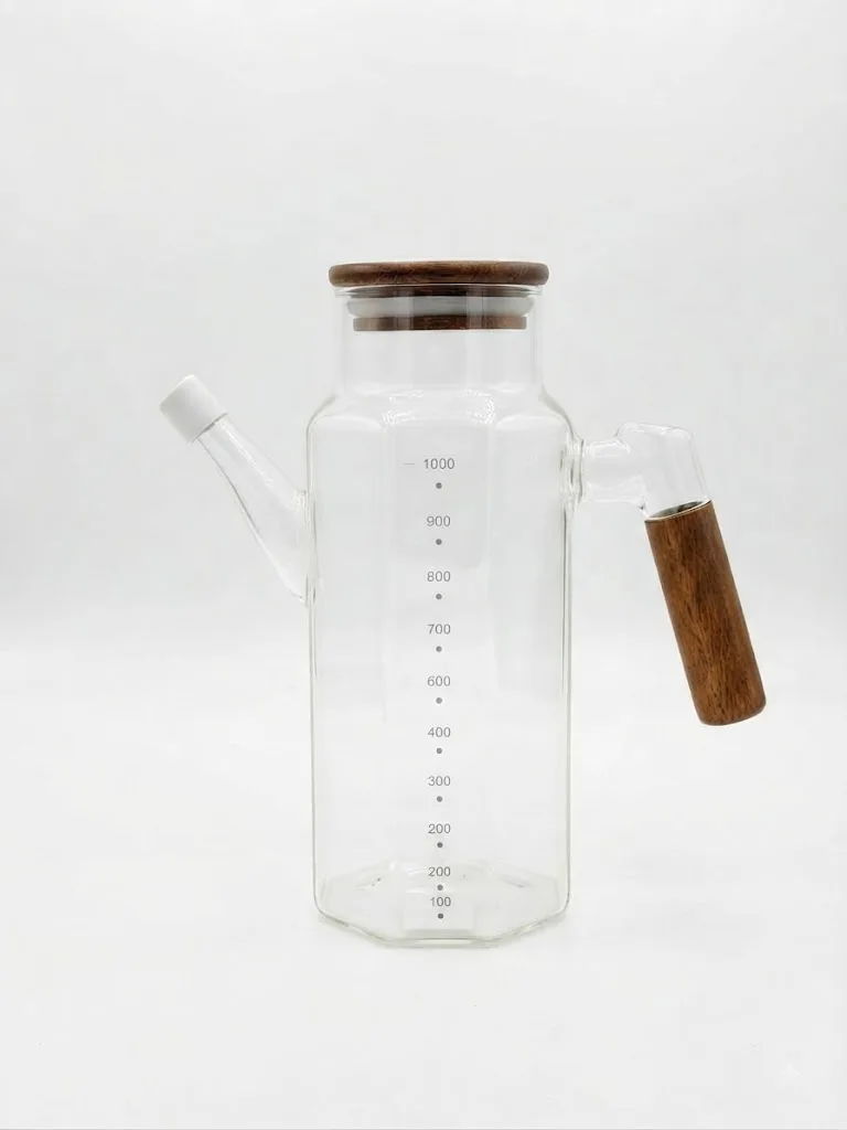 Glass Oil Dispenser With Wooden Handle & Lid_423-7 — Transperent
