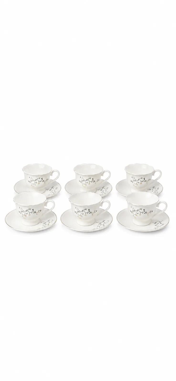 Classic Charm Floral Ceramic Tea Cup & Saucer Set | 6 Cups & 6 Saucers — White & Grey