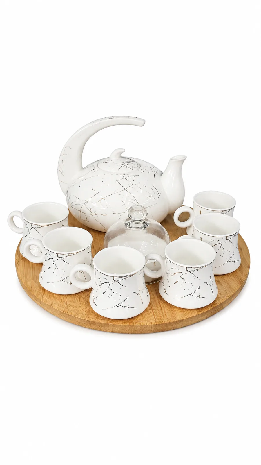 Elegantly Crafted White and Gold Marbled Ceramic Tea Set with Wooden Tray and Glass Sugar Bowl_16741-35 — White