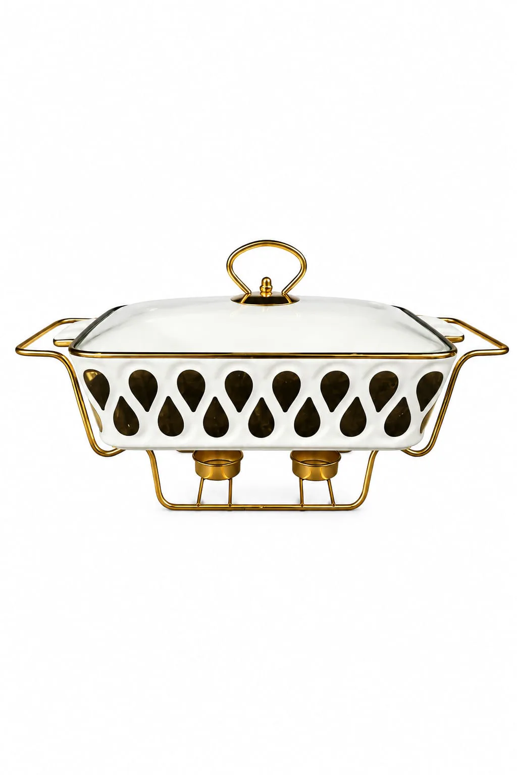 Premium Ceramic Serving Casserole with Gold Finish Stand & Lid | Elegant Food Serving Dish-SD-3 — White · Medium