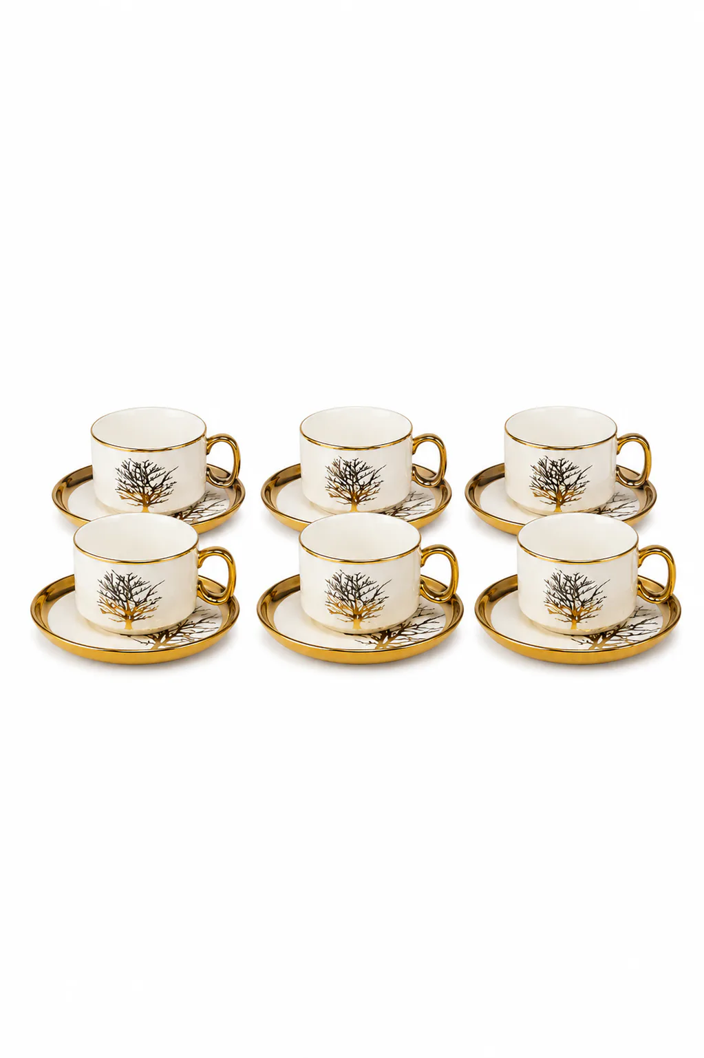 Luxurious Ceramic White & Gold Tree Design Tea Cup and Saucer Set (Pack of 6 / 12-Piece Set)_CS-12A — White & Gold