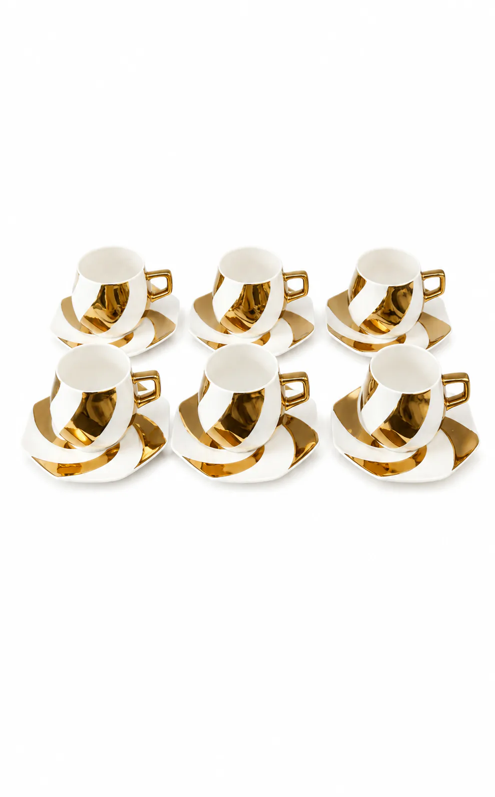 Luxury Gold Striped Porcelain Tea & Coffee Cup Set with Saucers – Pack of 6 (Designer Ceramic Cups for Home, Office & Gifting) — White & Gold