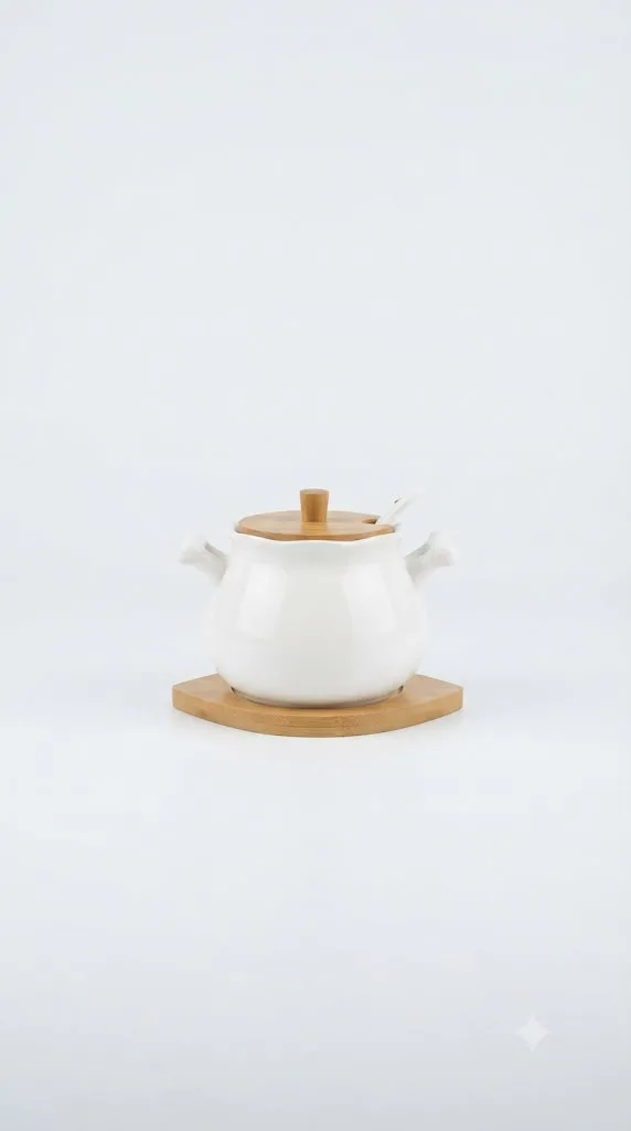 Premium Ceramic Sugar Serving Pot with Stylish Wooden Base-16741-64 — White