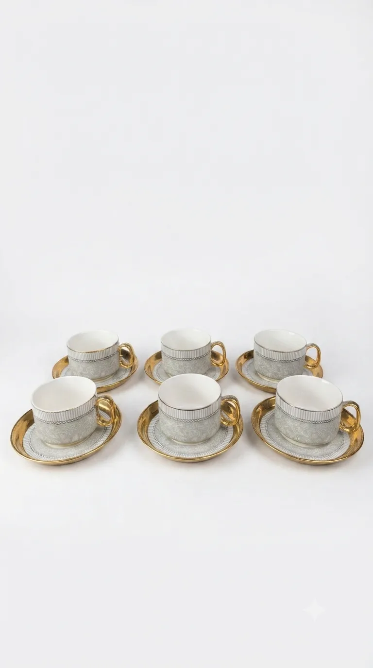 Luxe Gold Trim Grey Striped & Filigree Ceramic Tea Cup and Saucer Set (Pack of 6) — White & Gold